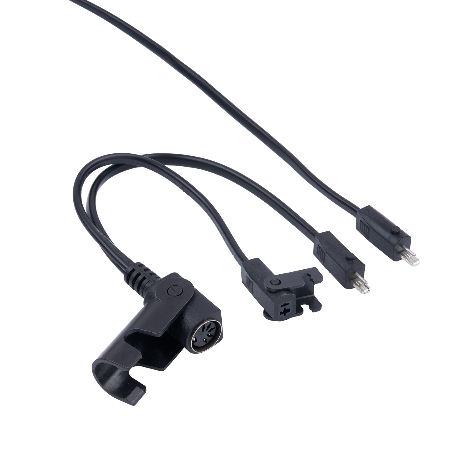 Black cable with various connectors on a white background