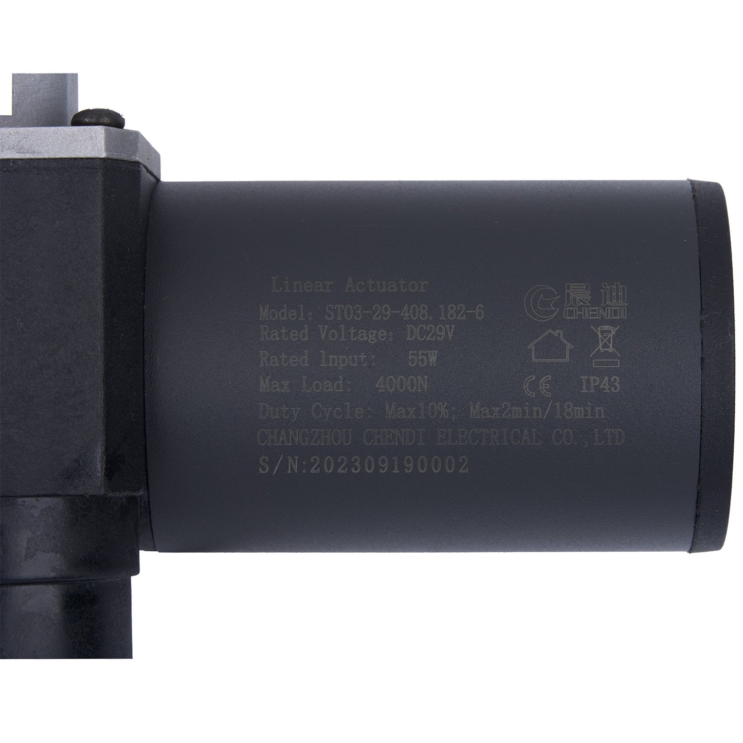 Black linear actuator with technical specifications on a white background