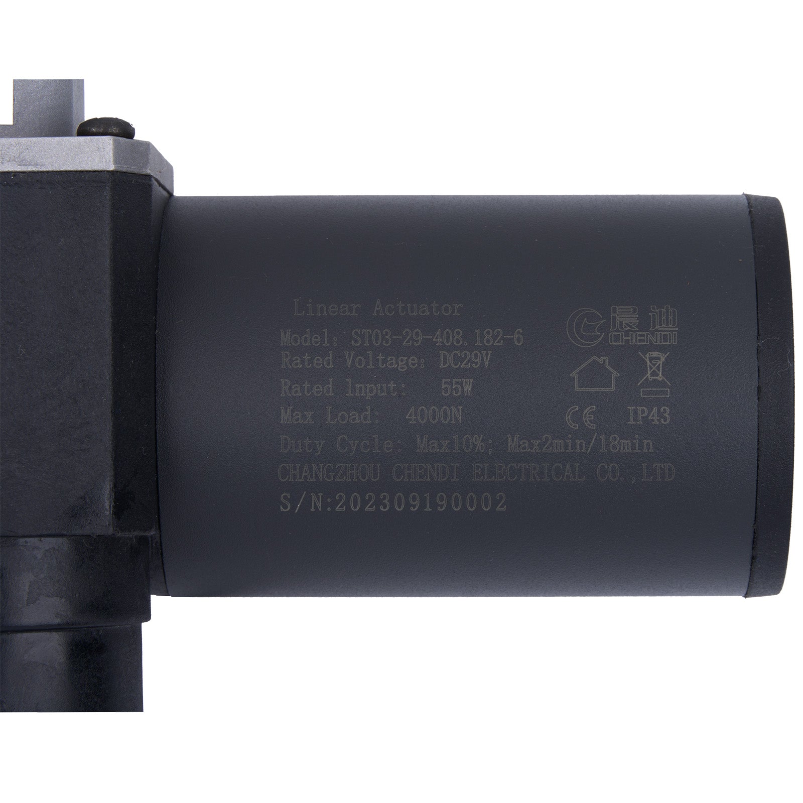 Black linear actuator with technical specifications on a white background