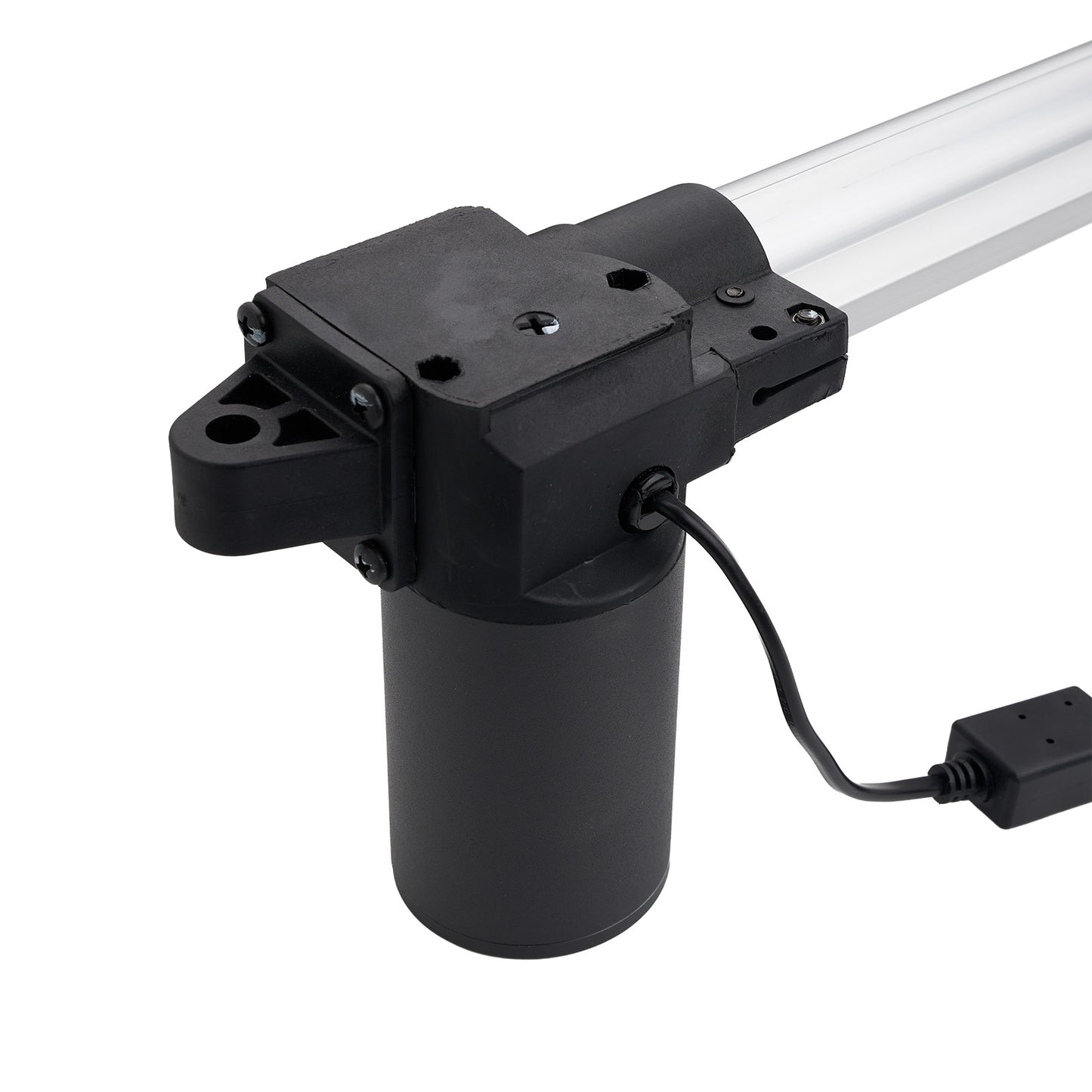 Black linear actuator with cable on a white background