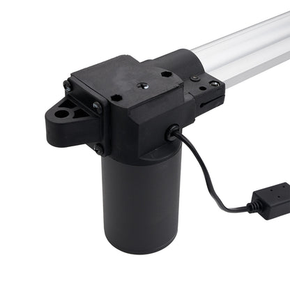 Black linear actuator with cable on a white background