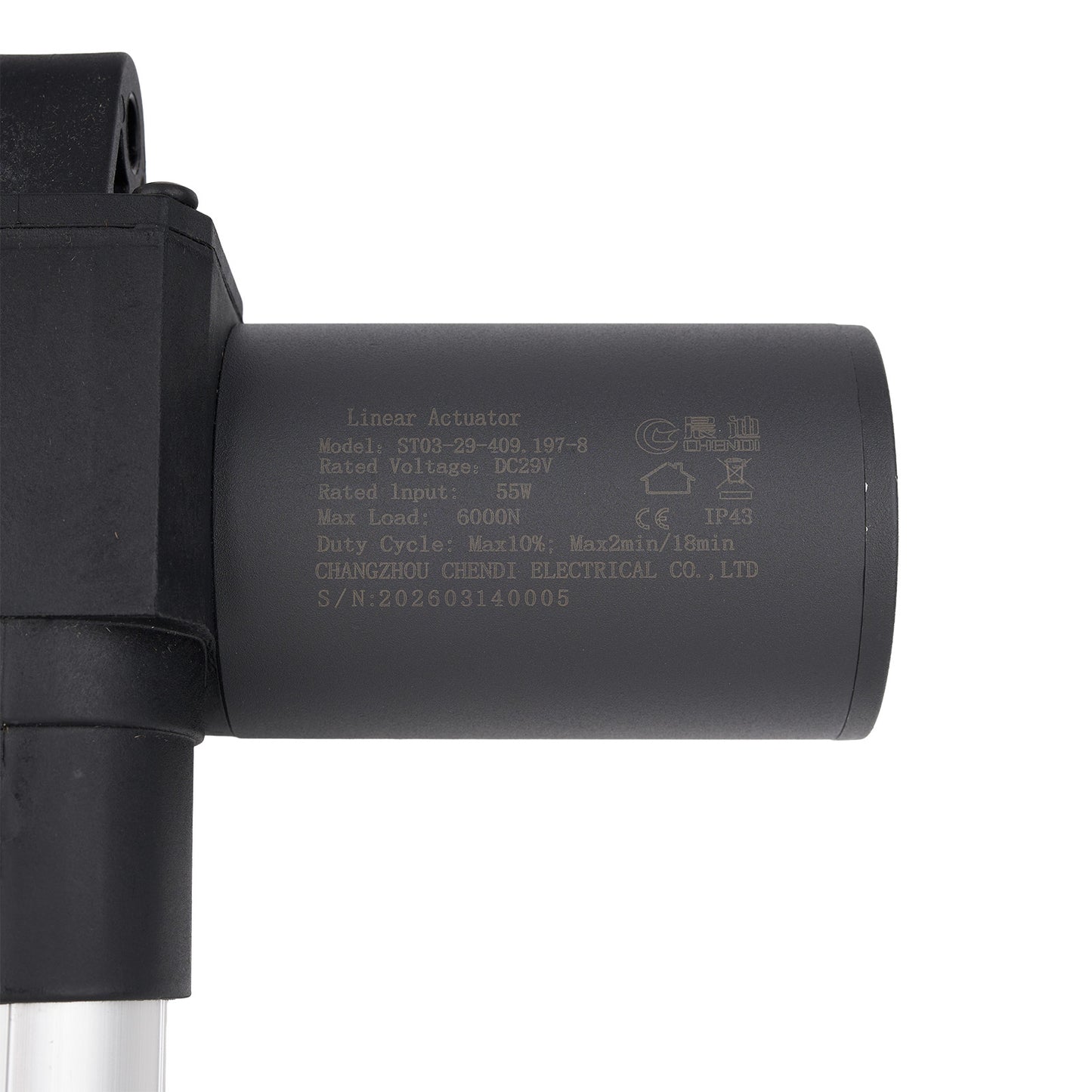 Black linear actuator with text on a white background