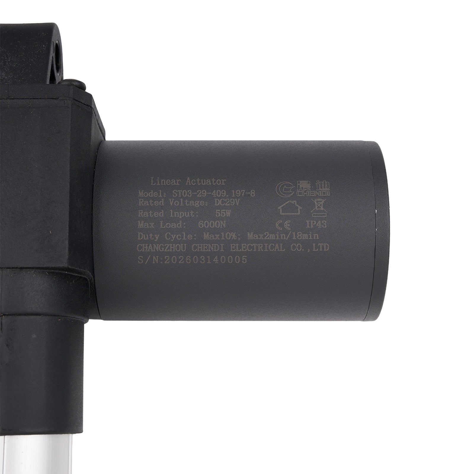 Black linear actuator with text on a white background
