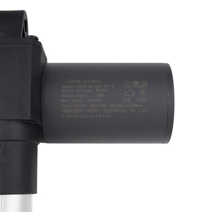 Black linear actuator with text on a white background