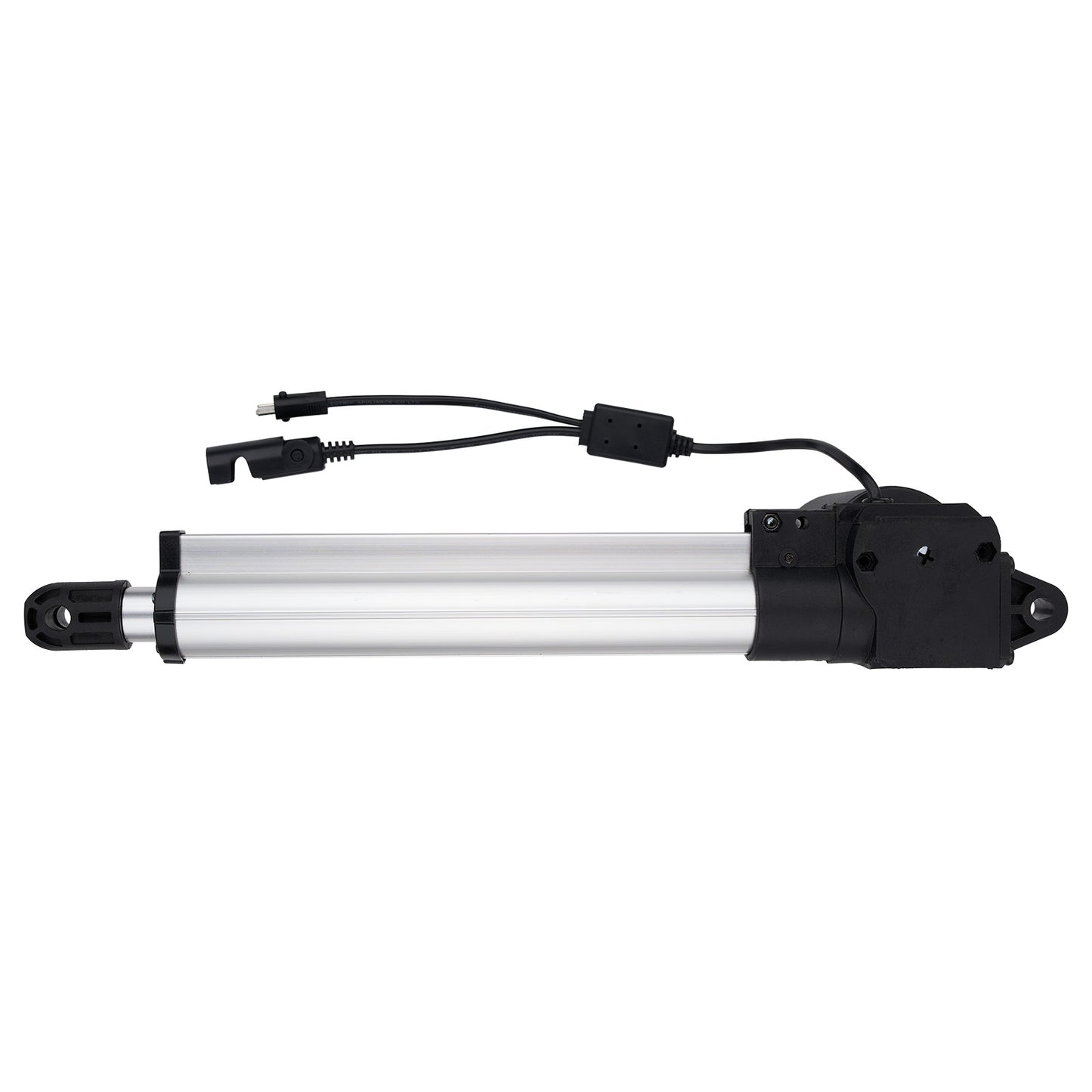 Linear actuator with black housing and silver cylindrical component on a white background