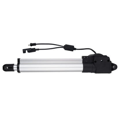Linear actuator with black housing and silver cylindrical component on a white background