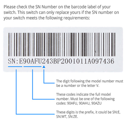 Instruction graphic showing a barcode label with a serial number and explanatory text about checking the SN number on a switch and how to interpret the code digits.