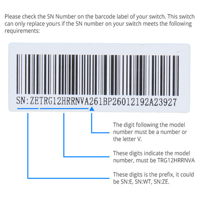 Instruction graphic showing a barcode label with a printed serial number and explanatory text about checking the SN number on the switch and how to identify the model number and prefix.