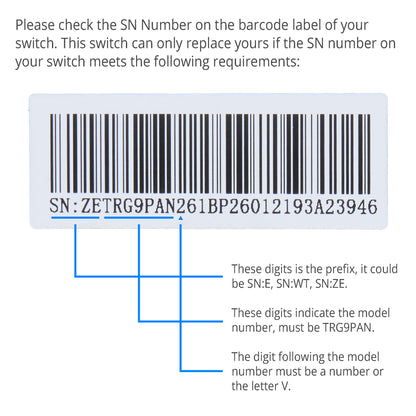Instruction graphic showing a barcode label with a sample SN number and text explaining how to check and match the switch's serial number.