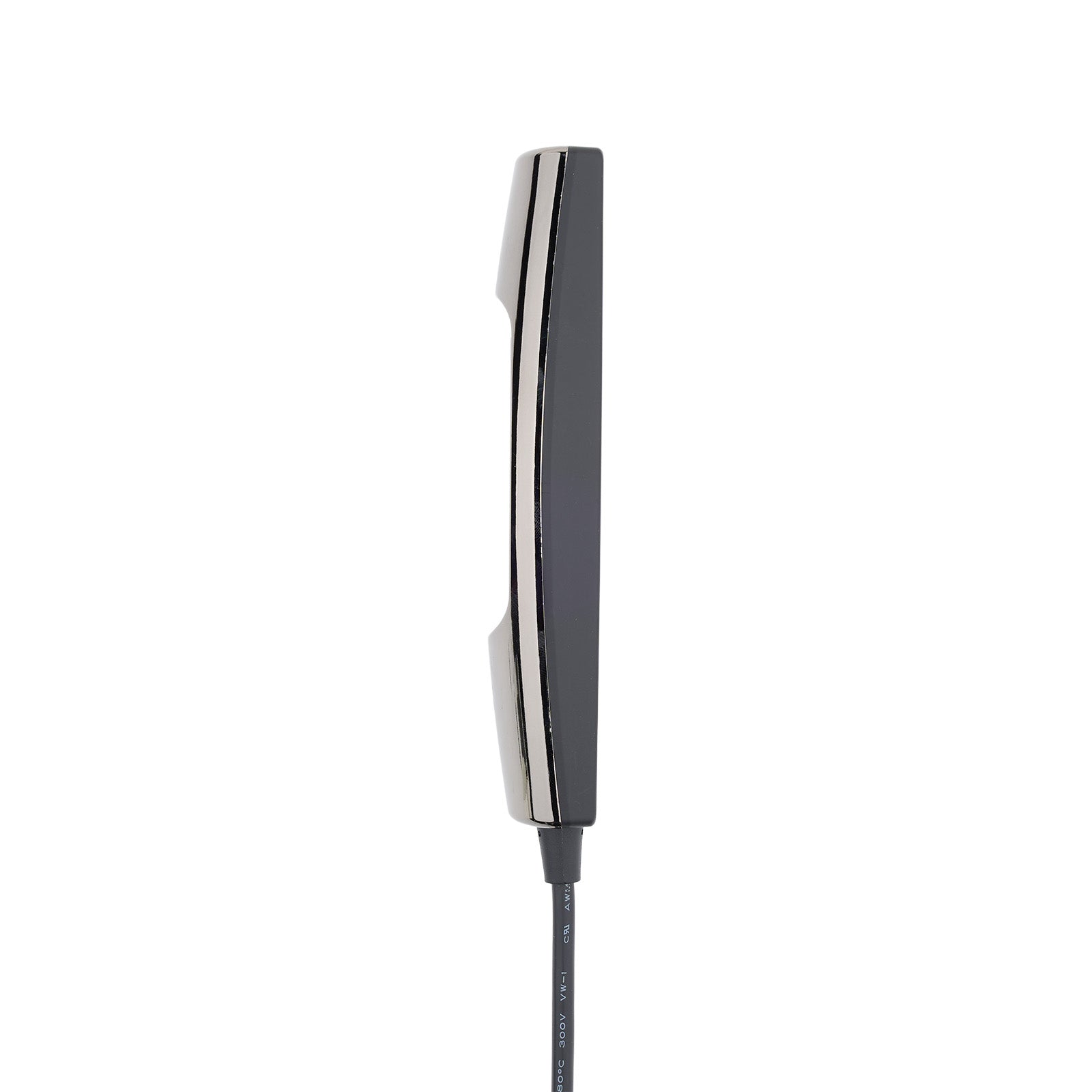 A modern golf putter with a dark gray face and a polished silver metal edge, shown vertically against a plain white background.