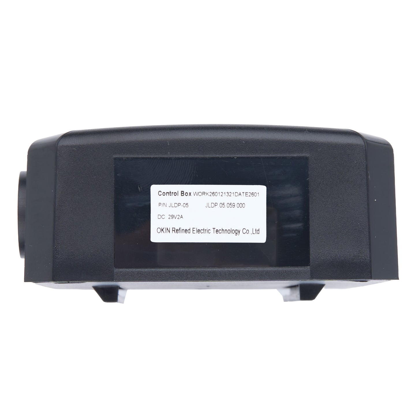Black control box with a label on a white background