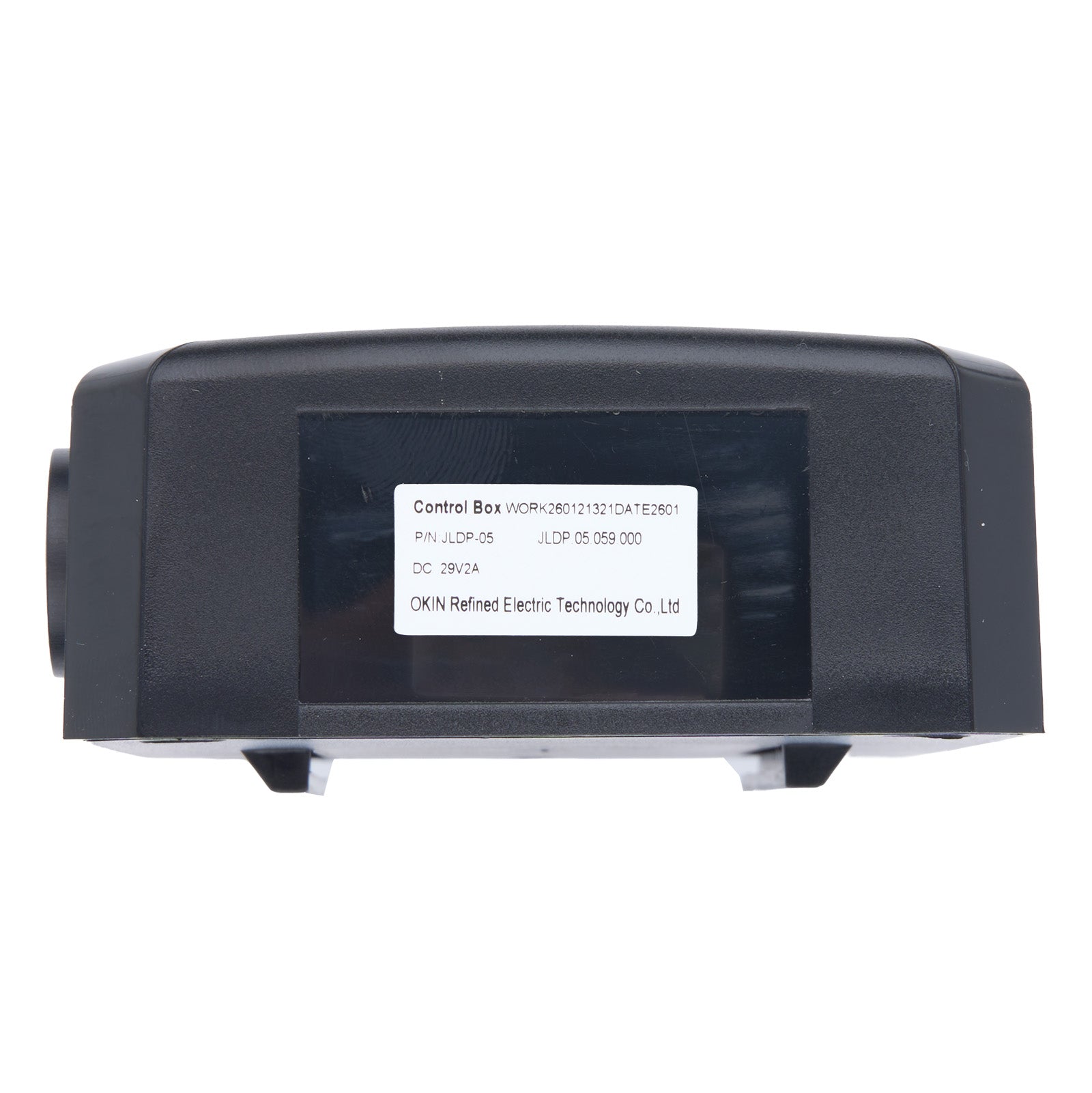 Black control box with a label on a white background