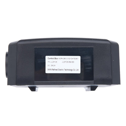 Black control box with a label on a white background