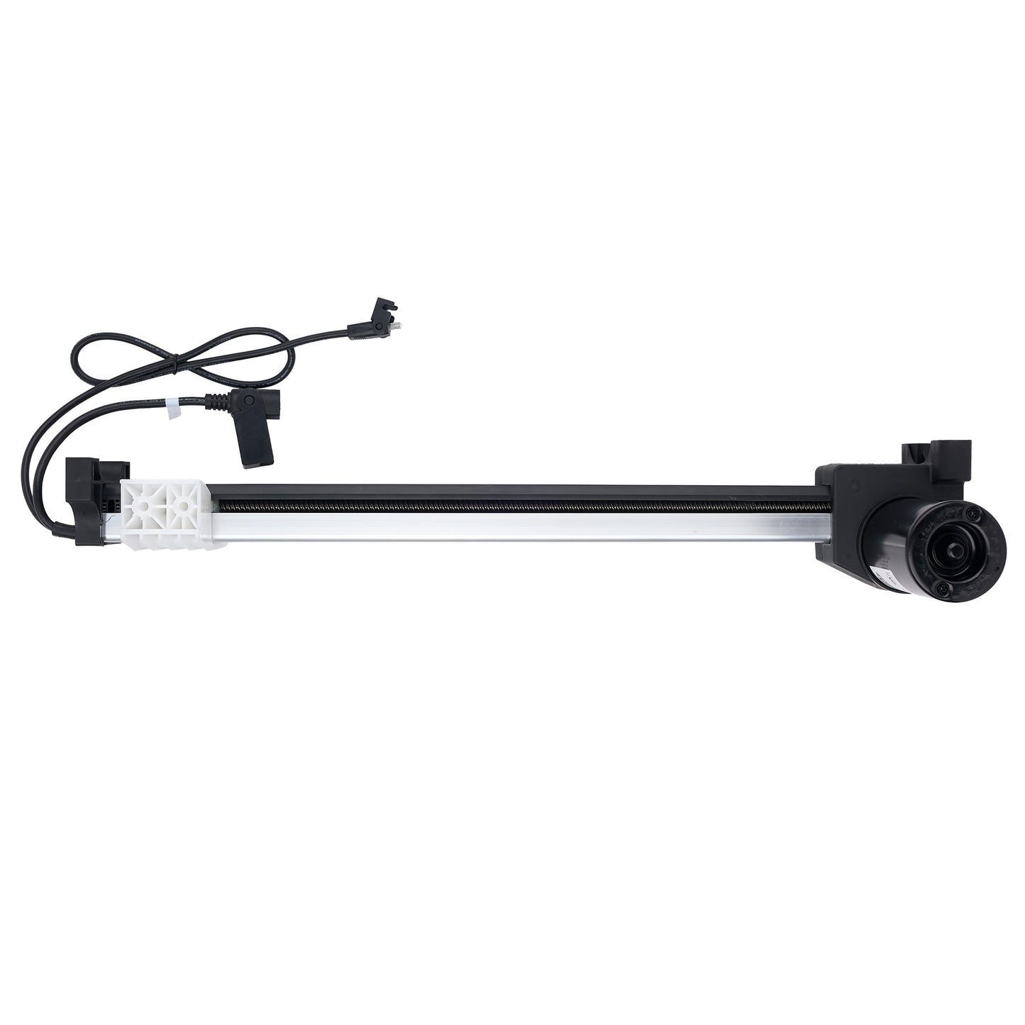 A black and white linear slide assembly with an attached power cord, shown against a plain white background.