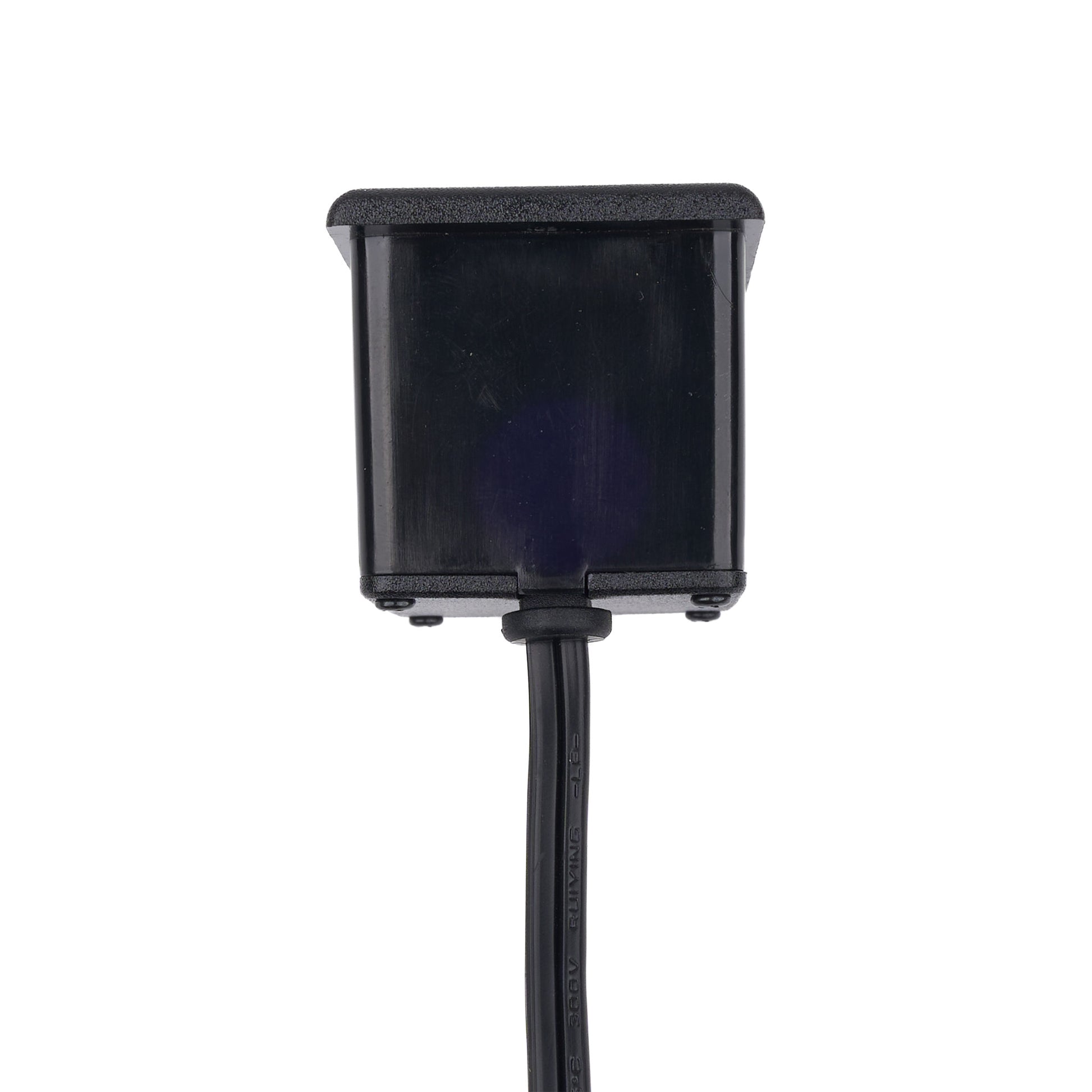 A black rectangular electronic device with a flat front panel and a thick black cable extending downward, shown against a plain white background.