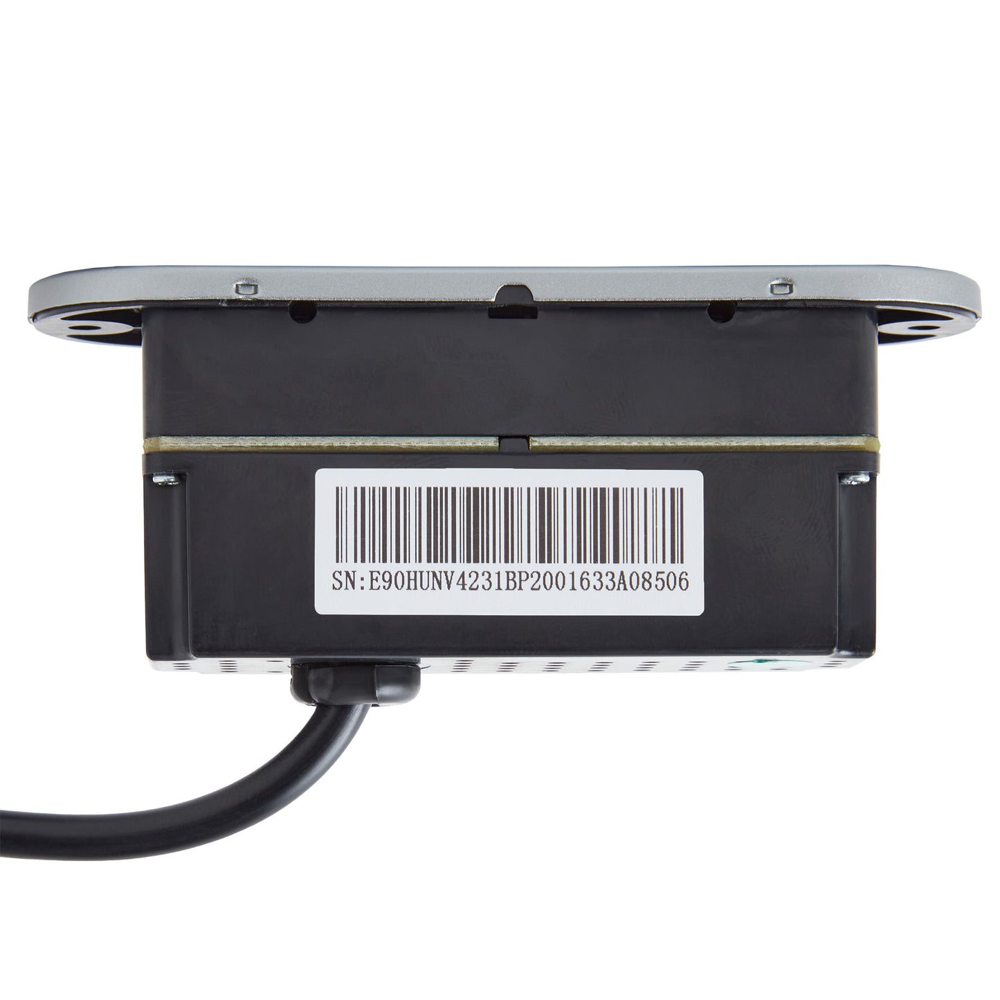 A black electronic control module with a barcode label on the side, featuring a silver mounting plate on top and a black cable extending from the bottom, shown against a plain white background.