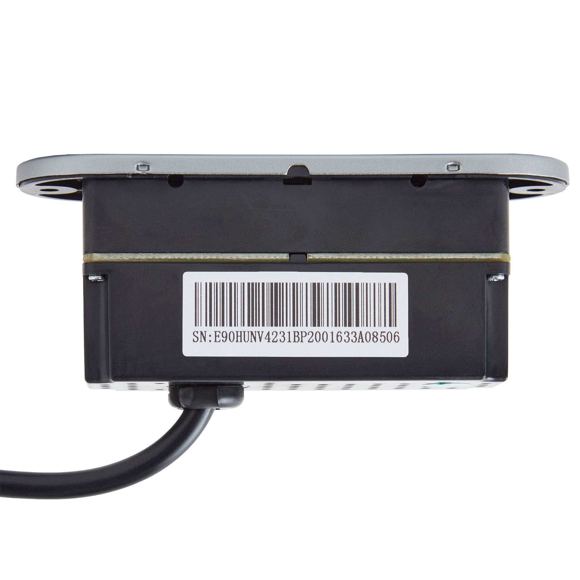 A black electronic control module with a barcode label on the side, featuring a silver mounting plate on top and a black cable extending from the bottom, shown against a plain white background.