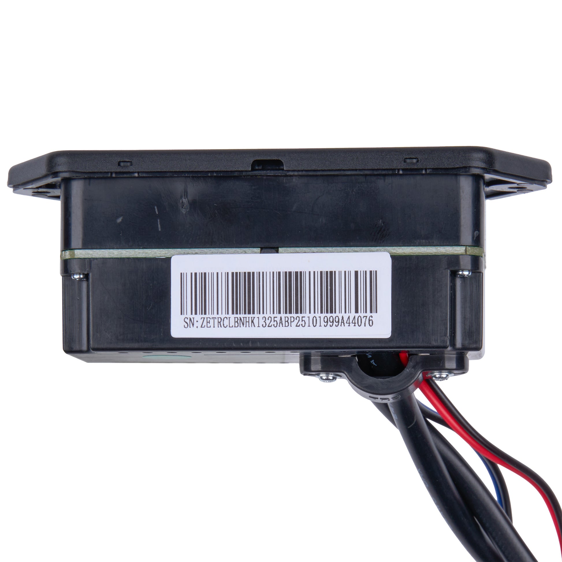 A black plastic electronic control module with a white barcode label on the side and three wires (black, red, and white) extending from the bottom right, shown against a plain white background.