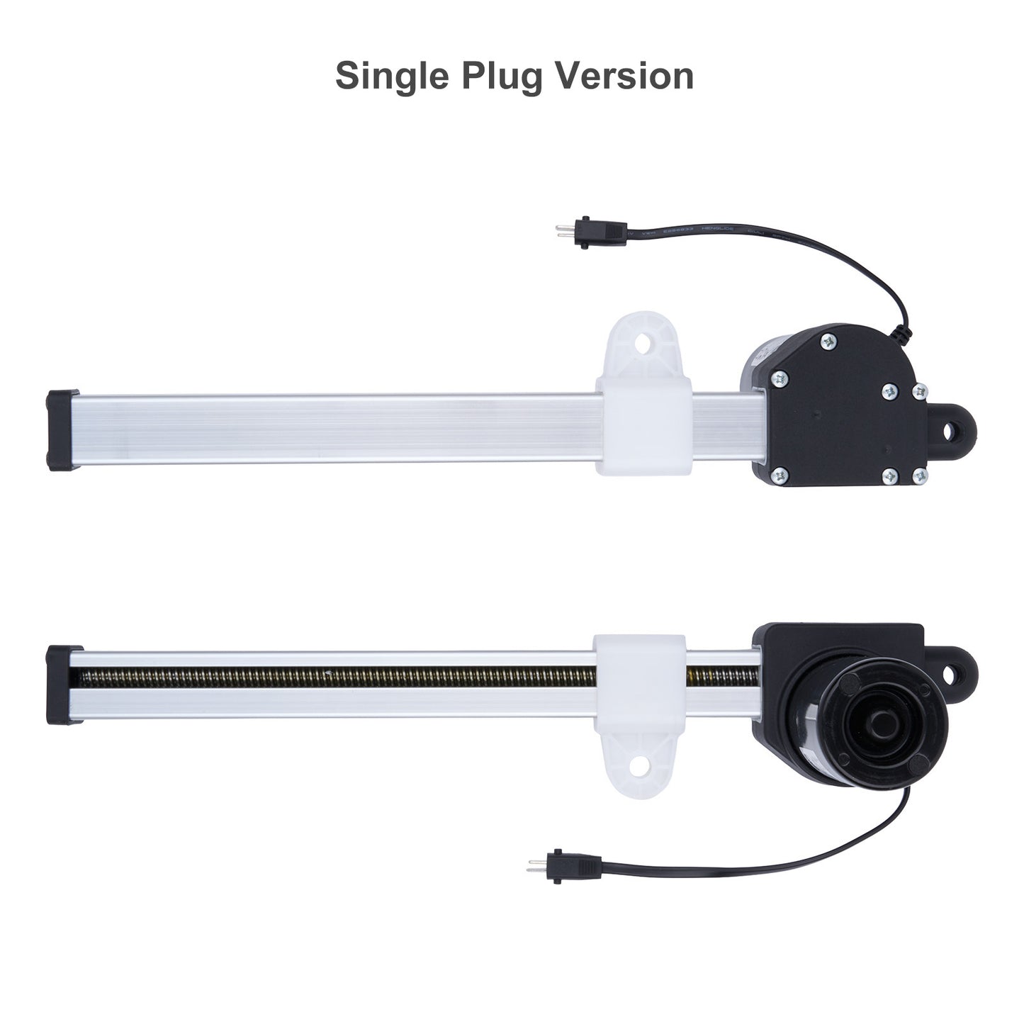 Two mechanical components with plugs on a white background, labeled 'Single Plug Version'.