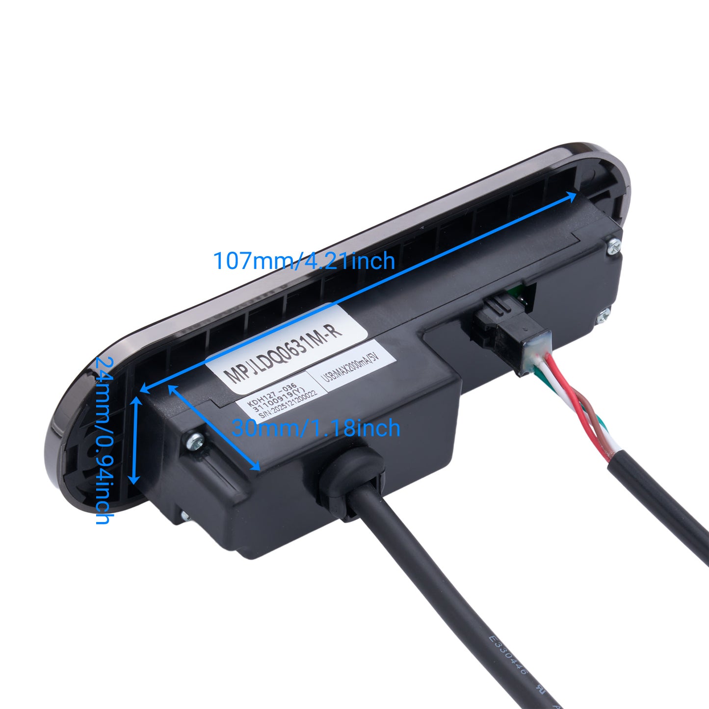 Black electronic component with labeled dimensions on a white background