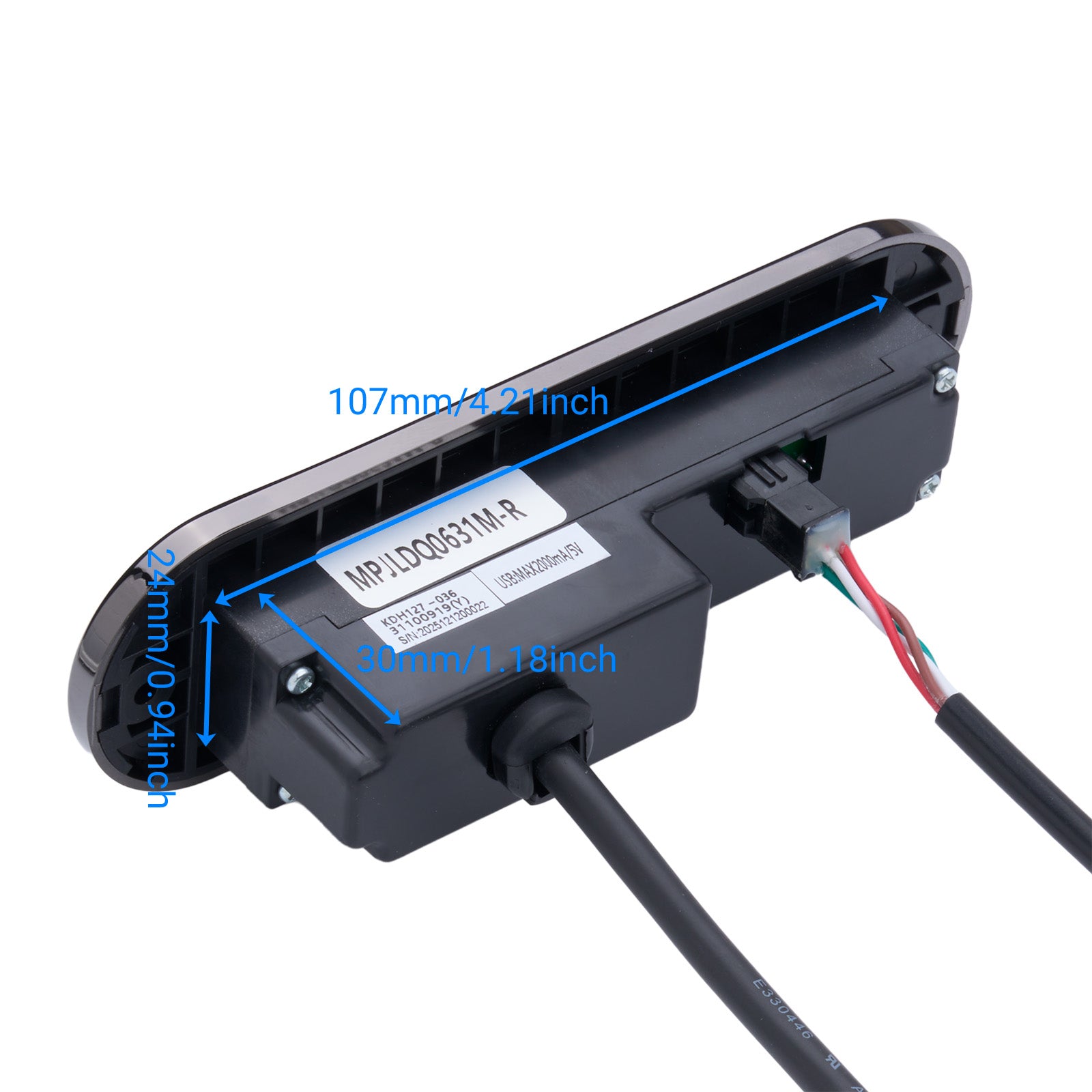 Black electronic component with labeled dimensions on a white background