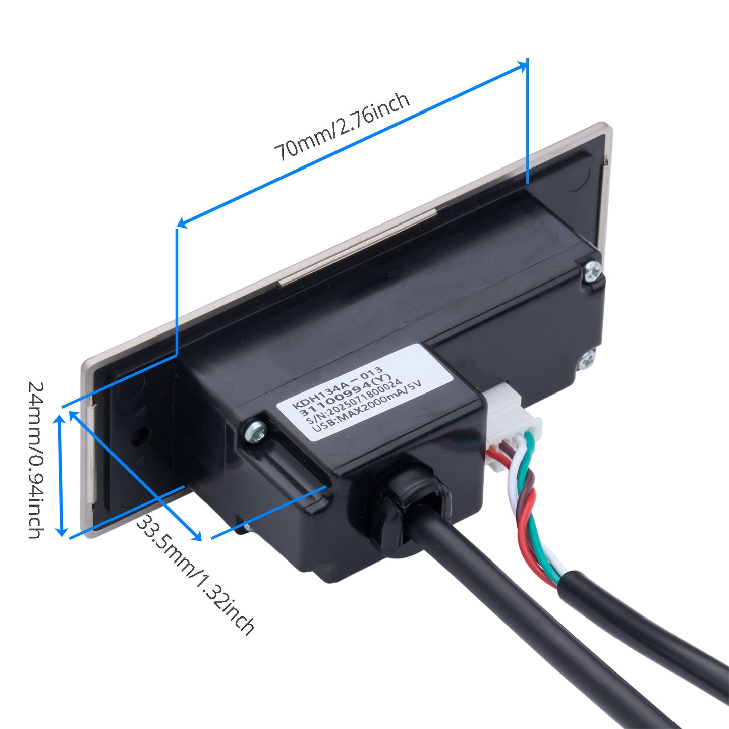 Electrical component with labeled dimensions on a white background