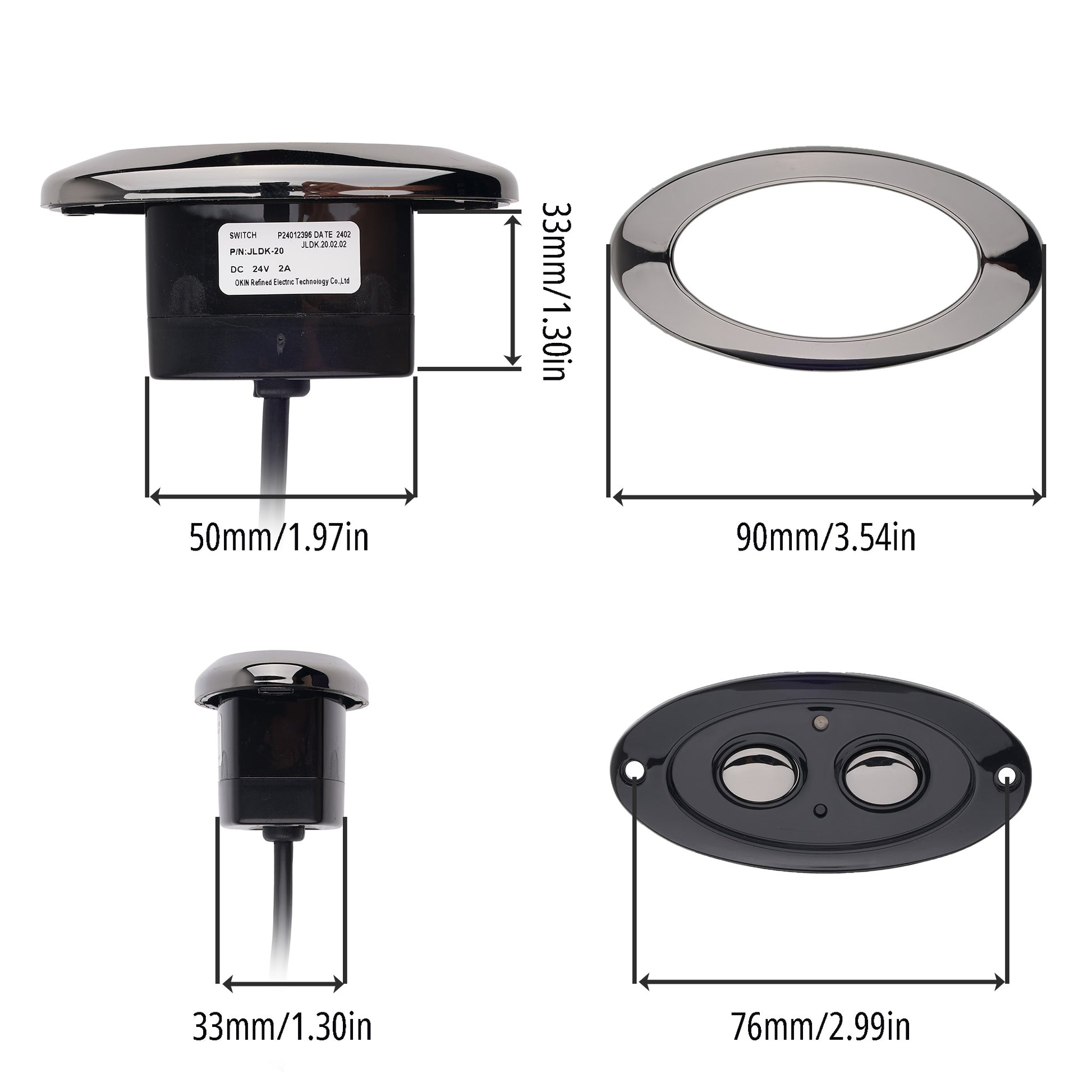 Black outdoor landscape light fixture shown from multiple angles with dimension labels: top view showing 50mm width and 33mm height, side view showing 33mm height, front view showing 90mm width, and a second oval front view showing 76mm width.