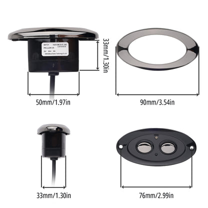 Black outdoor landscape light fixture shown from multiple angles with dimension labels: top view showing 50mm width and 33mm height, side view showing 33mm height, front view showing 90mm width, and a second oval front view showing 76mm width.
