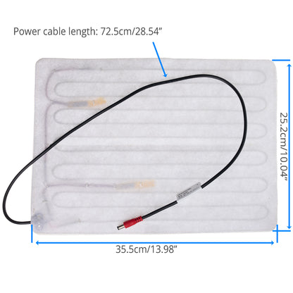 A white rectangular heated pad with a black power cable, shown on a white background with blue dimension lines and text indicating dimensions and cable length.