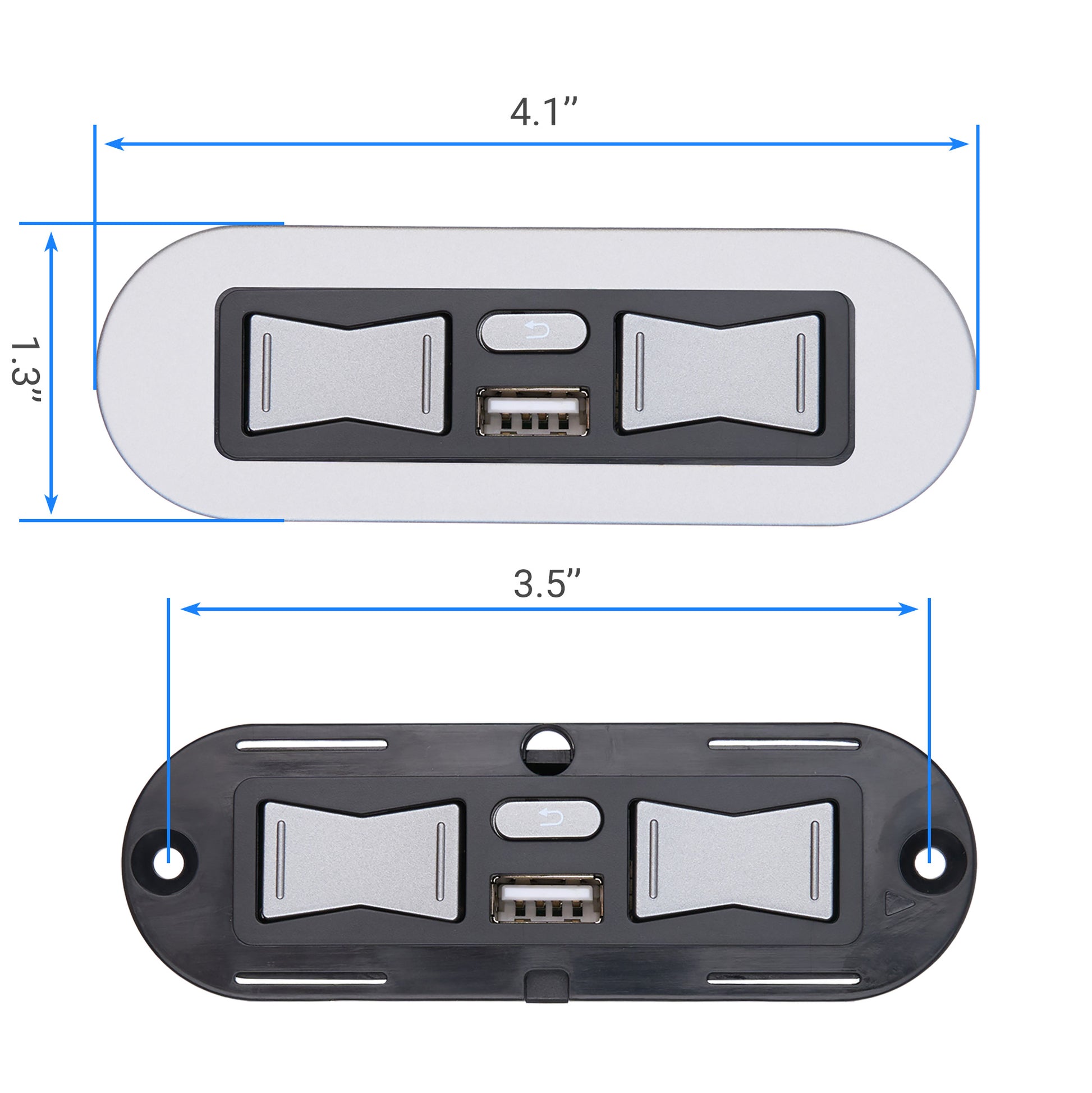 Front and back views of a rectangular electronic control module with rounded ends, shown on a white background with blue dimension lines. The top view is light gray/silver with a black center panel, two silver button-like shapes, and a USB port.