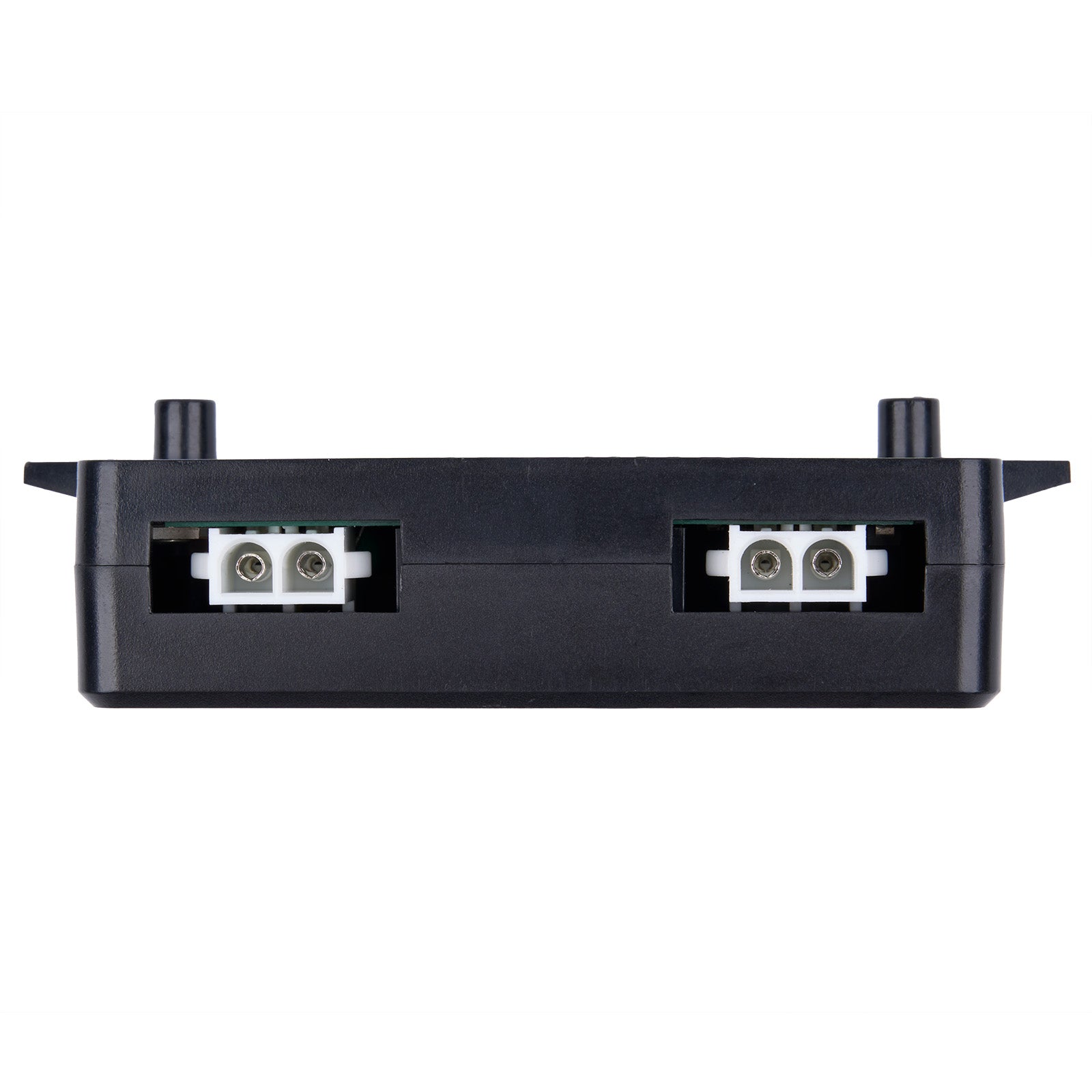 Black electronic device with two connectors on a white background