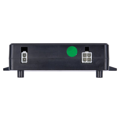 Black electronic device with green button and ports on a white background