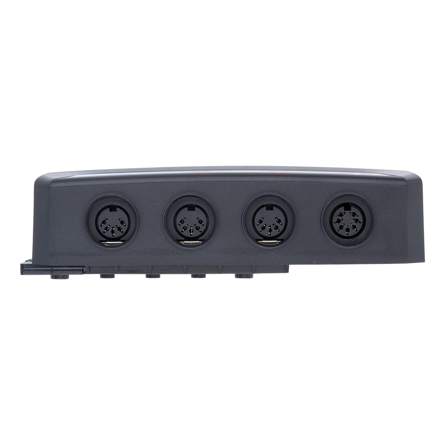 Gray electronic module with four circular ports on a white background