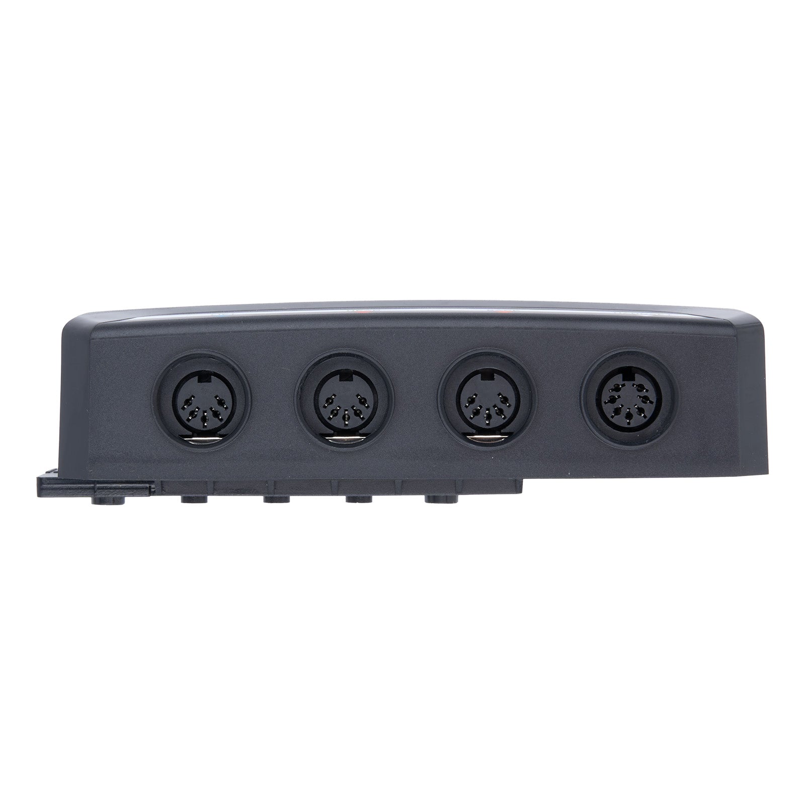 Gray electronic module with four circular ports on a white background