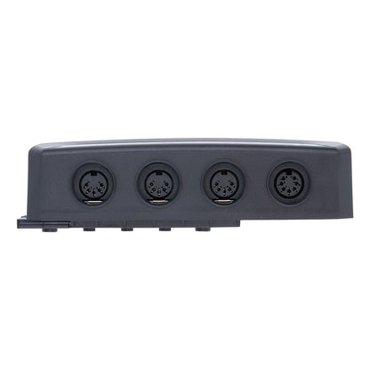Gray electronic module with four circular ports on a white background