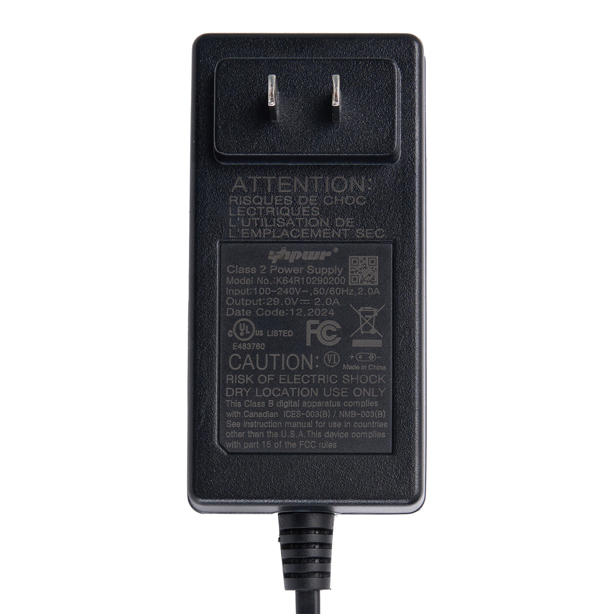 Specification tag of 29V 2A Power Adapter with 90° House-Shaped Keyed 2-Pin Plug for Power Recliners, Lift Chairs