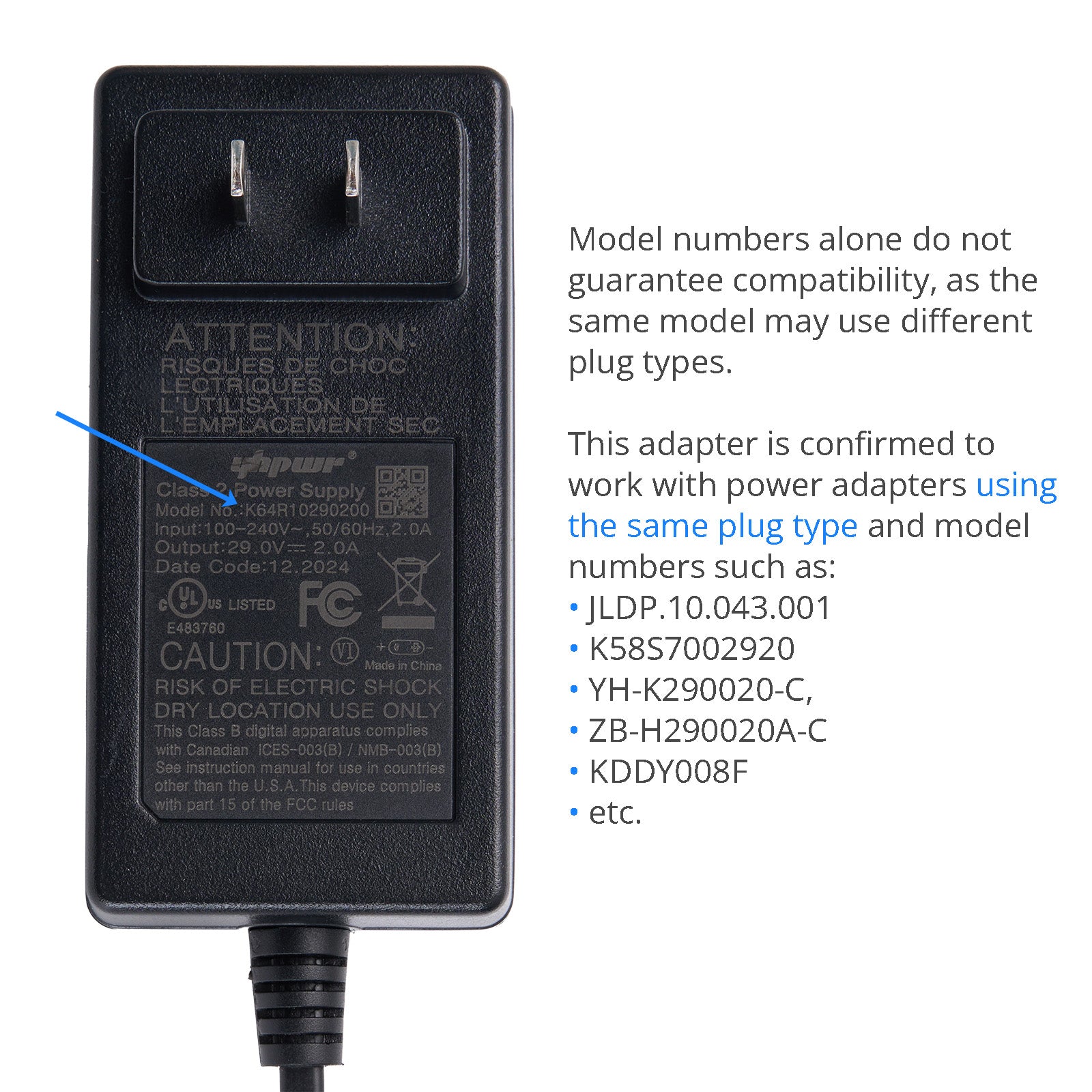 Black power adapter with text and certification logos on a white background