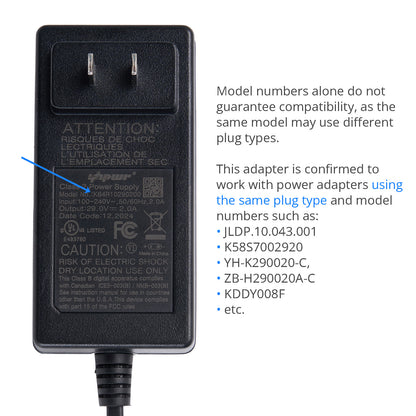 Black power adapter with text and certification logos on a white background