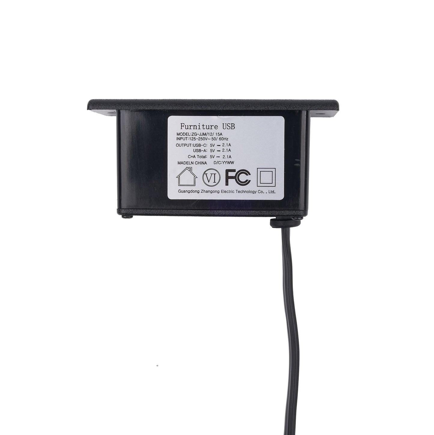 A black rectangular USB power adapter with a white label showing specifications and FCC certification, with a black power cord extending downward, on a plain white background.