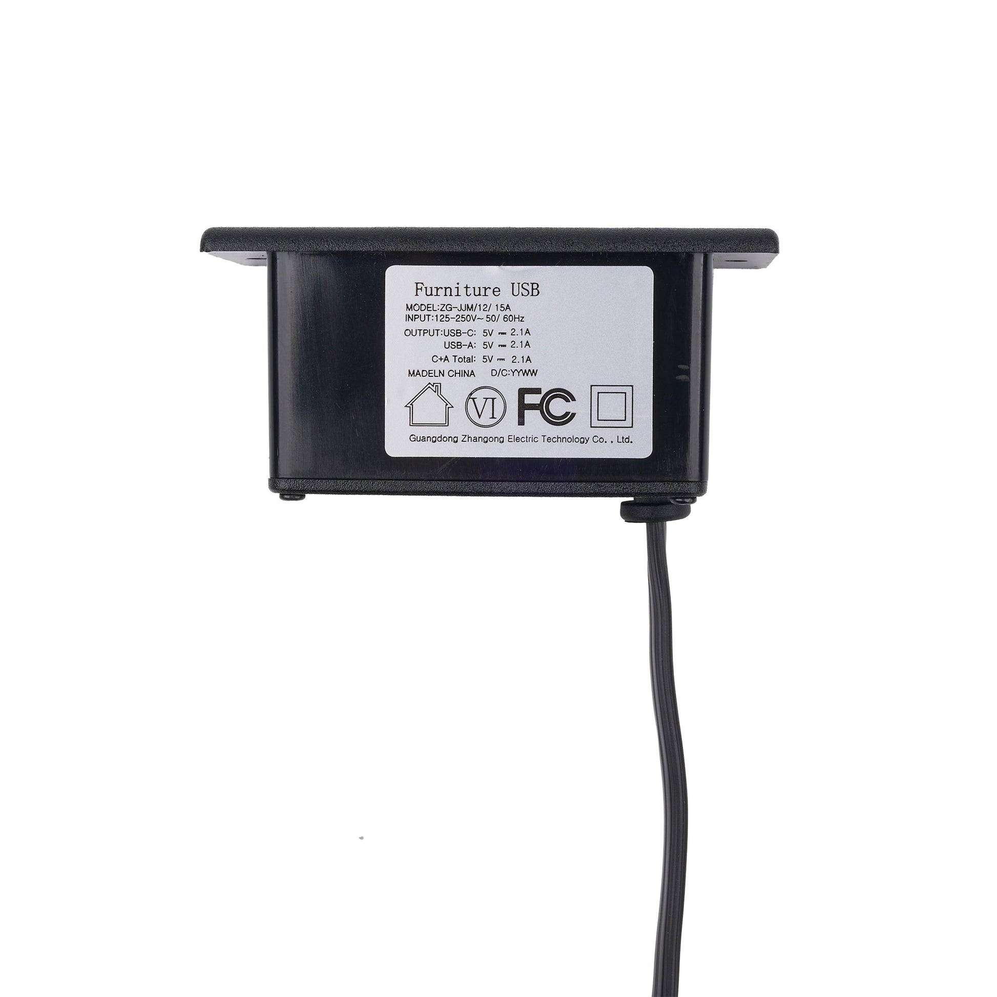 A black rectangular USB power adapter with a white label showing specifications and FCC certification, with a black power cord extending downward, on a plain white background.