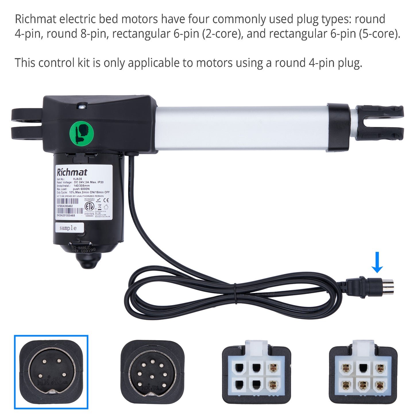 Richmat electric bed motor with plug types on a white background