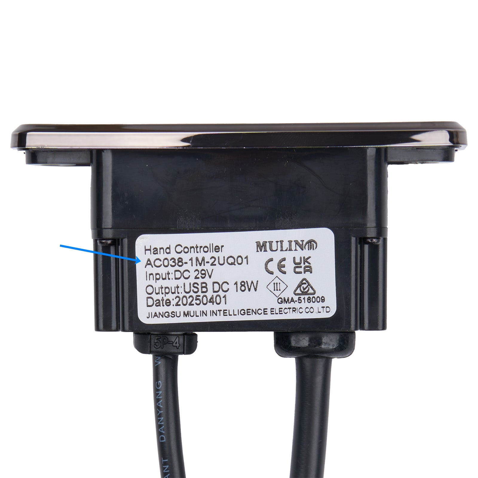 Hand controller with label on a white background