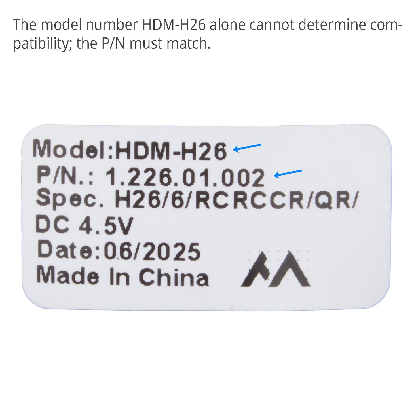 Product label with model number HDM-H26 and P/N 1.226.01.002 on a white background.