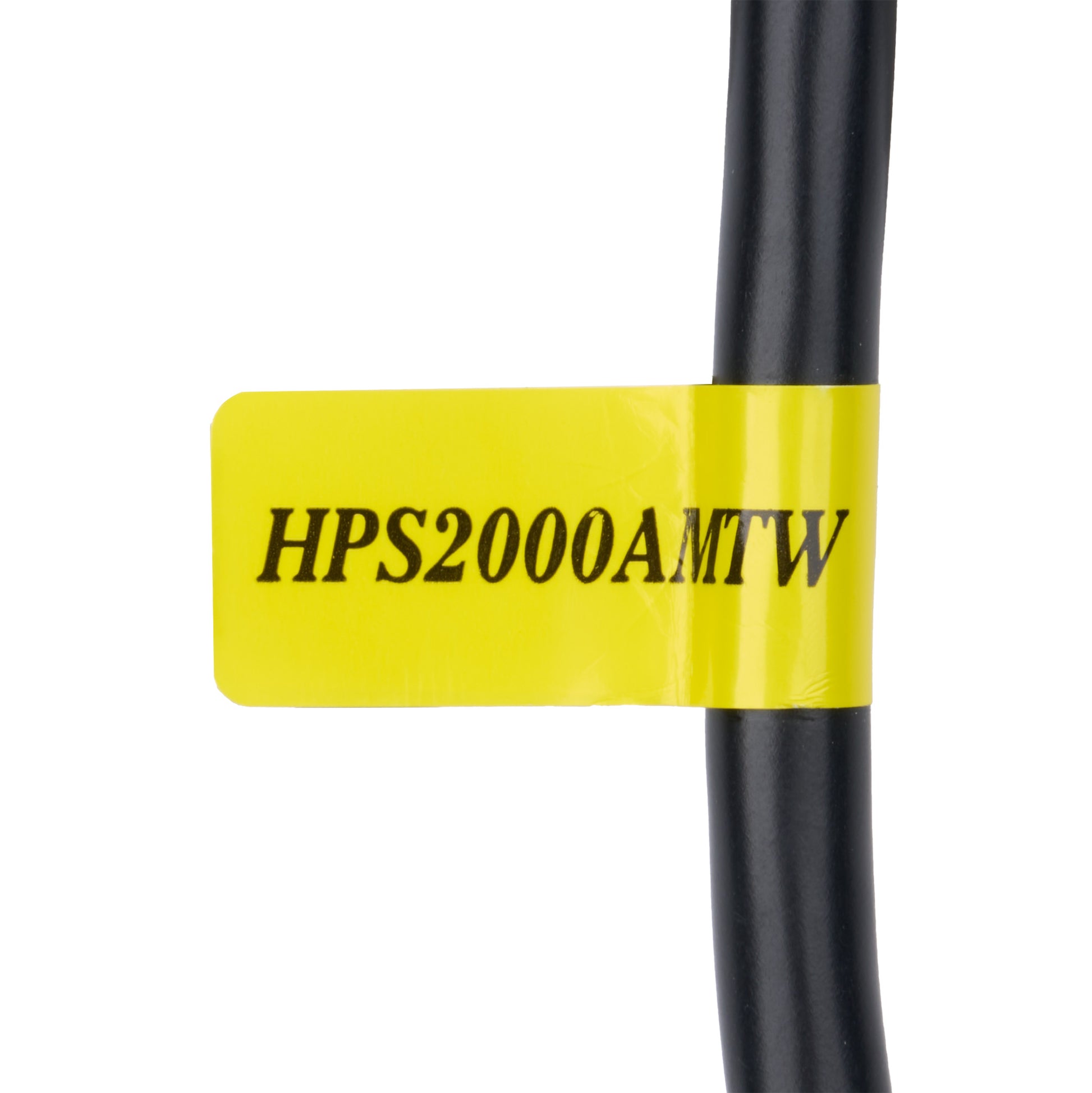 Black cable with a yellow tag displaying 'HPS2000AMTW' on a white background