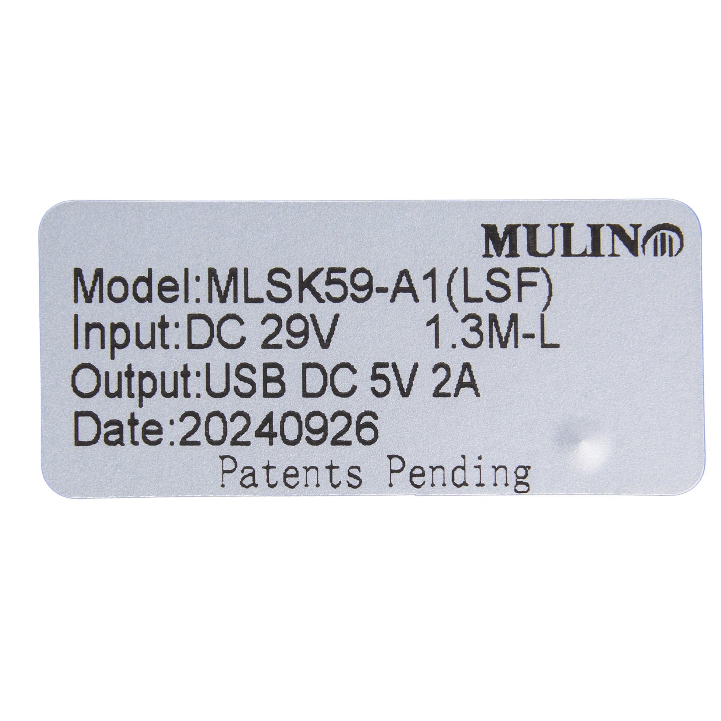 Technical label with specifications on a white background