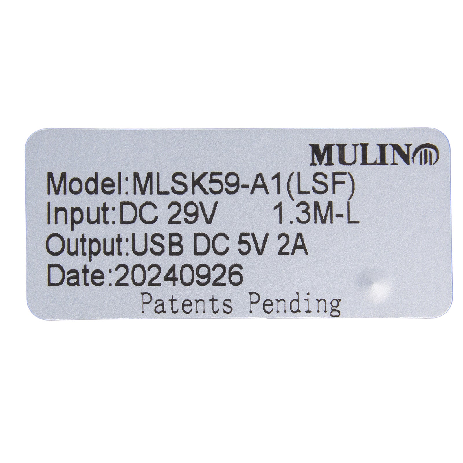Technical label with specifications on a white background