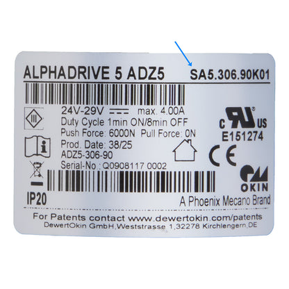 Technical label with specifications for ALPHADRIVE 5 ADZ5 product on a white background