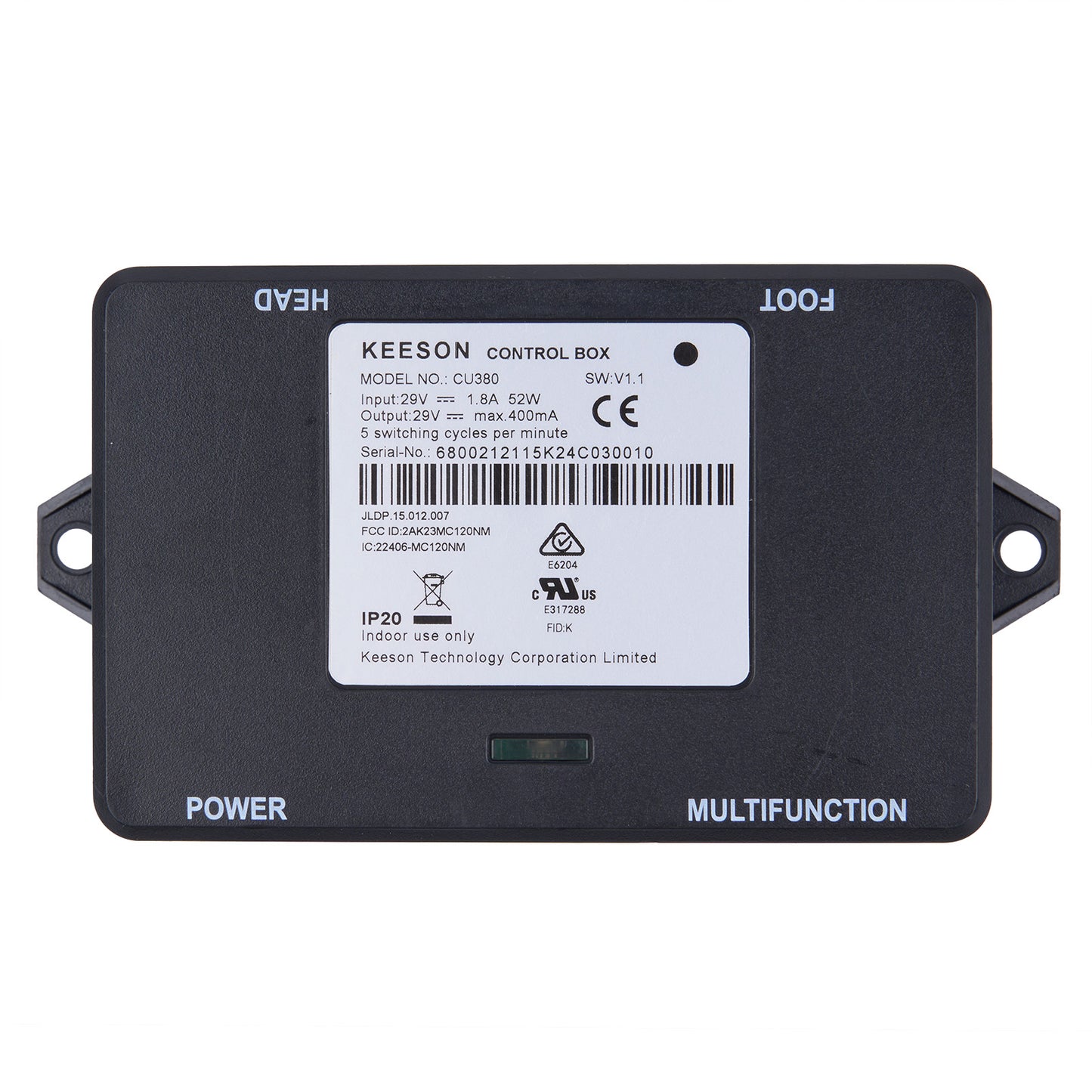 Black control box with label on a white background