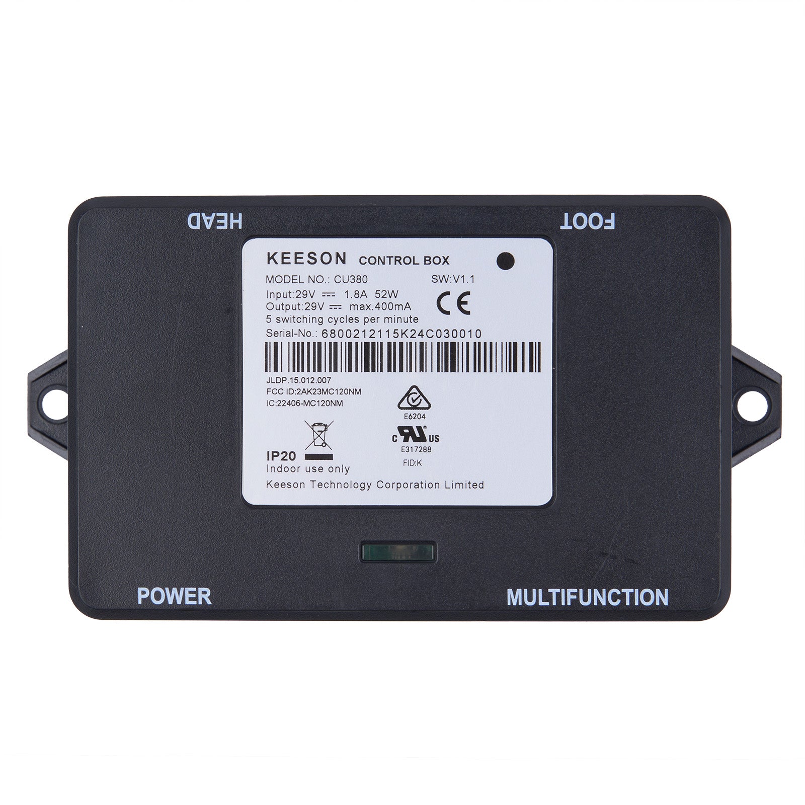 Black control box with label on a white background