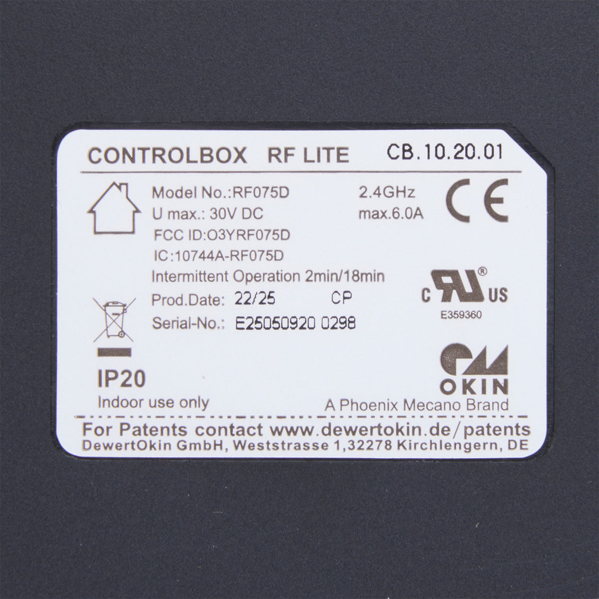 Tag of the RF LITE CB.10.20.01 Control Box
